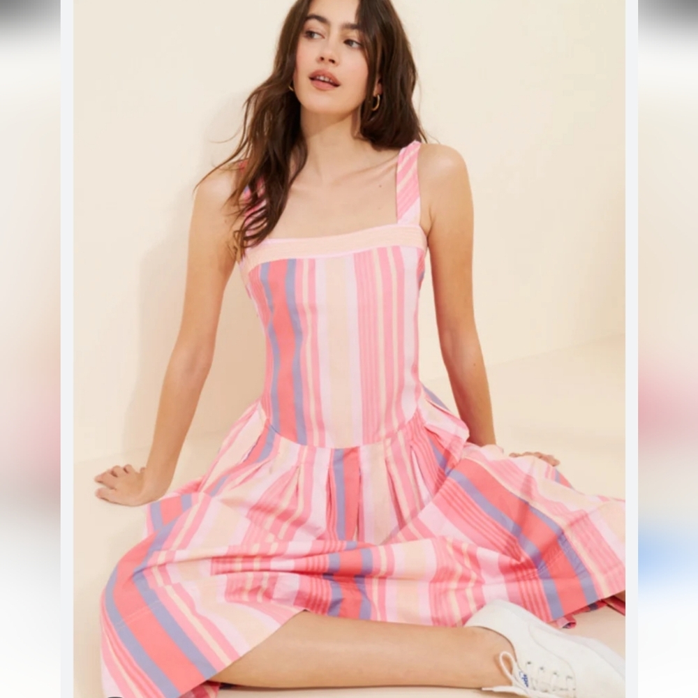 Free People primavera striped drop waist sun dress in pink Size SMALL